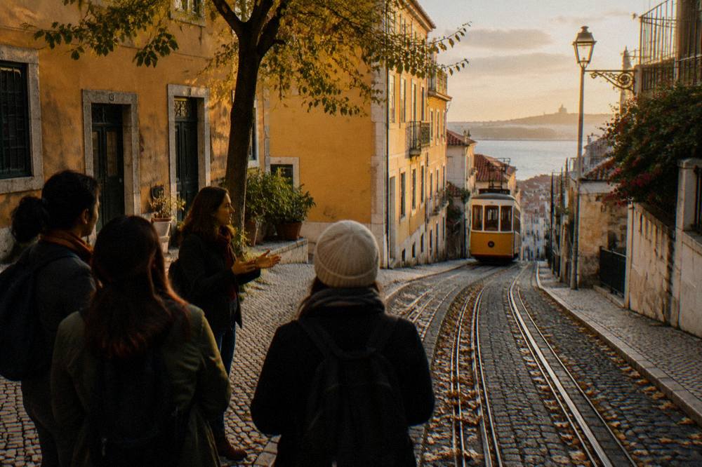 A guide speaks to a small group on a steep Lisbon street beside tram tracks with a yellow tram descending in the distance.