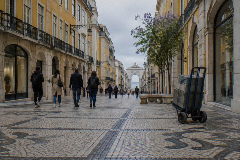 People walk along a cobbled Lisbon street lined with arcaded yellow facades toward a distant triumphal arch.