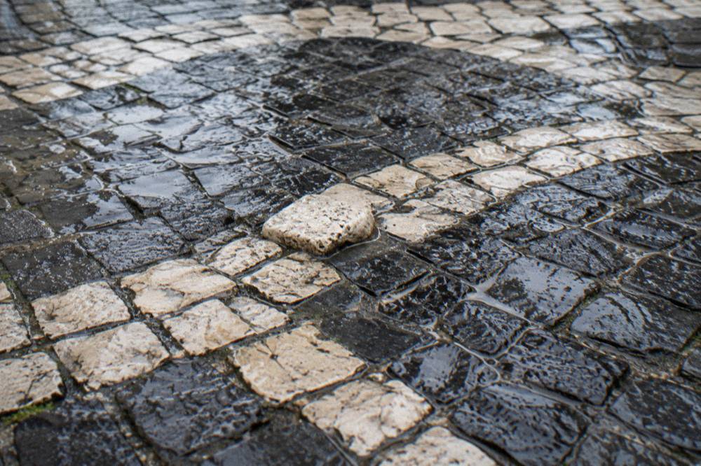 Wet black and pale limestone calçada cobbles fill the frame, with one raised stone and rain pooling in the joints.