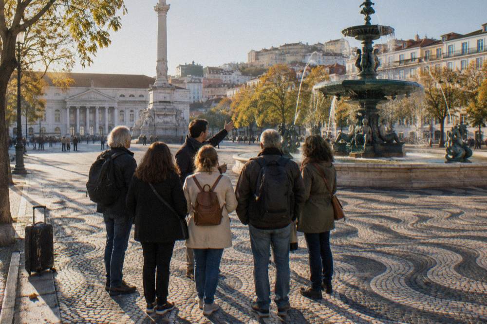 A guide raises an arm toward Rossio Square as a small group stands by a fountain on black-and-white calçada paving.