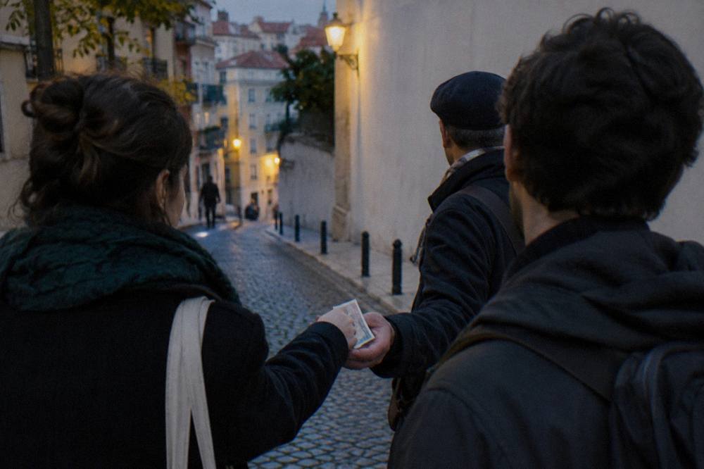 Three people exchange folded banknotes on a steep cobbled Lisbon street lit by wall lamps at dusk.