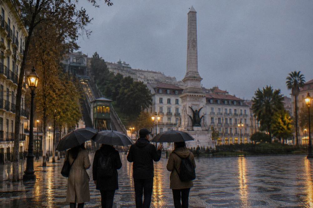 Four people with umbrellas stand in a rainy square facing a tall obelisk and surrounding buildings at dusk.