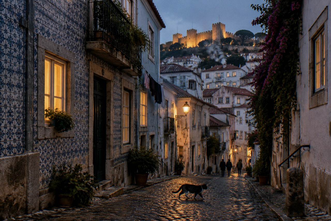 A narrow cobbled Lisbon street with tiled facades, glowing windows, a cat crossing, and São Jorge Castle lit on the hill above.