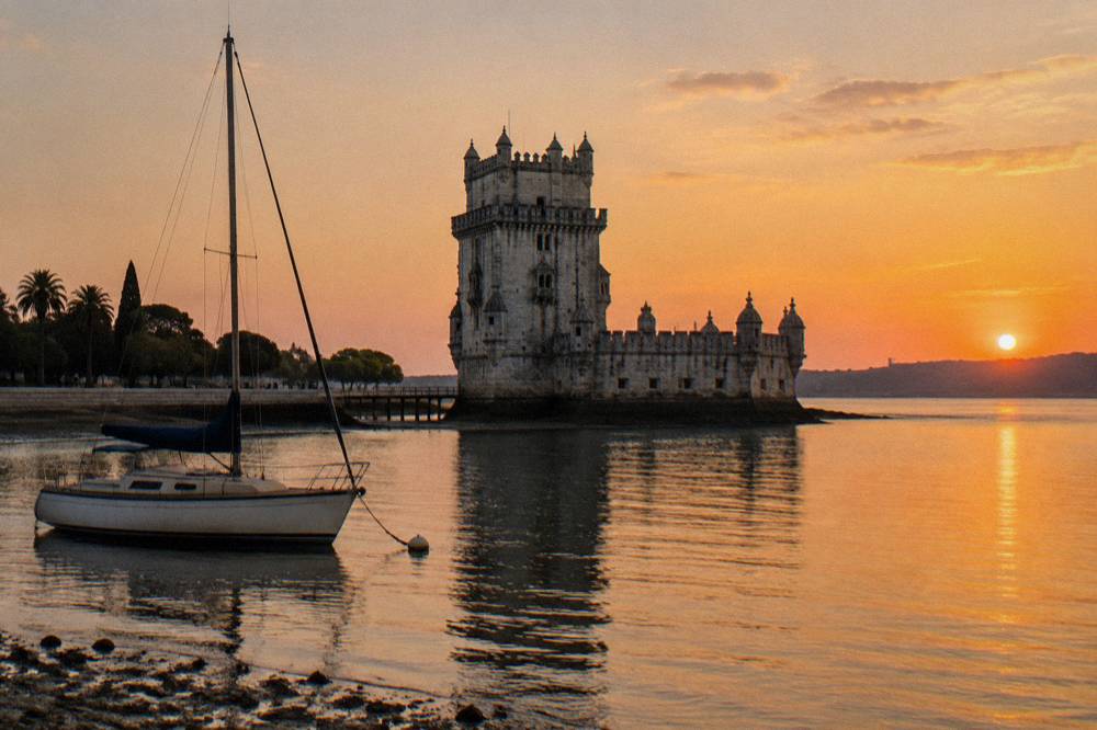 Belém Tower rises across calm water at sunset with a moored sailboat in the foreground.