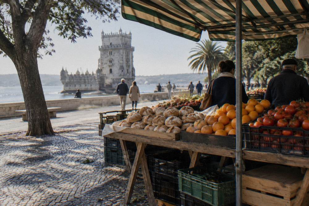 Bread rolls, oranges and tomatoes fill a market stall beside the Tagus promenade with Belém Tower in the distance.