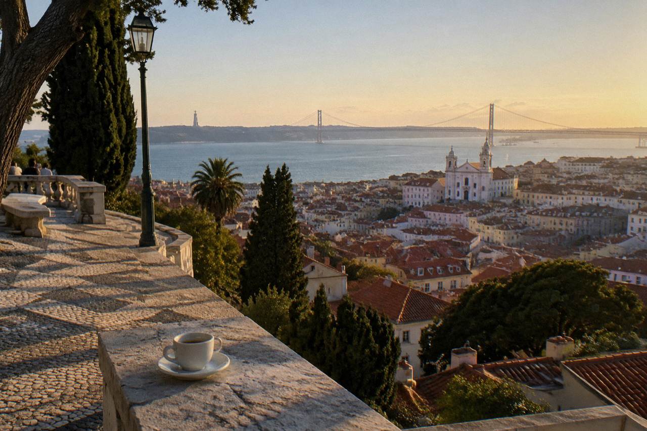 A stone viewpoint terrace with a coffee cup overlooks Lisbon rooftops and the Tagus River at sunset, with the 25 de Abril Bridge beyond.