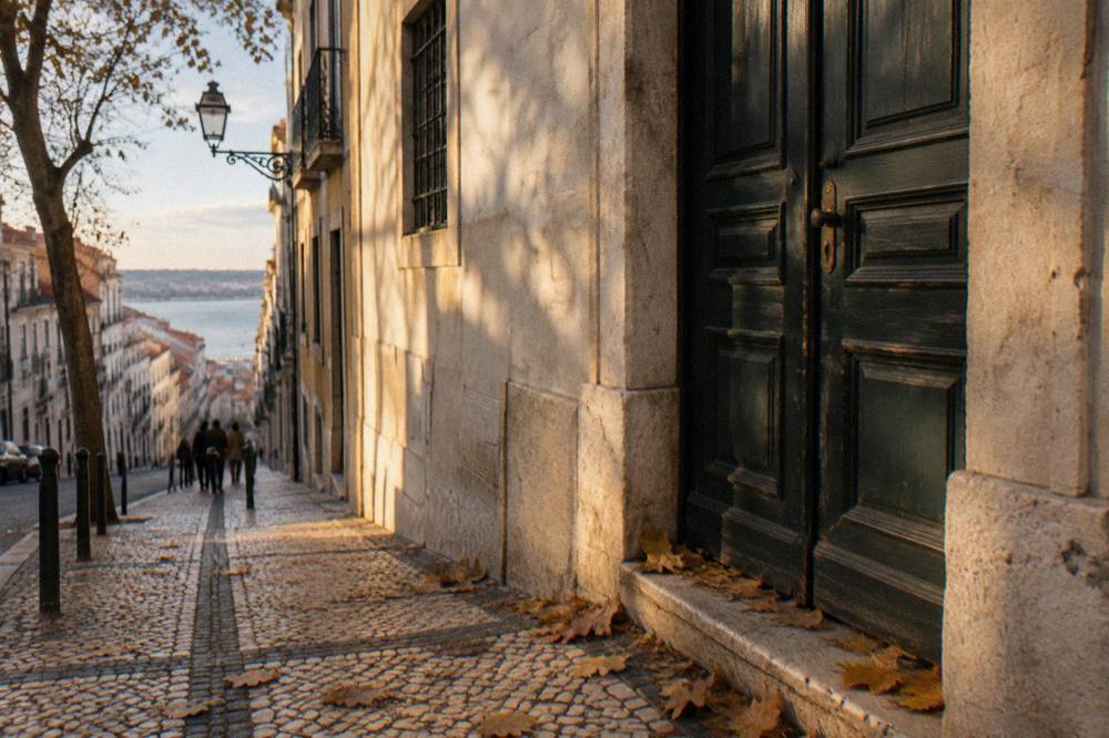 A dark wooden door in a pale stone facade beside a steep cobbled Lisbon street with trees and a view over the river.