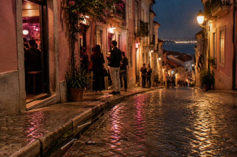A wet steep cobbled street with pink-lit bar fronts, people outside doorways, and the river glowing in the distance at night.