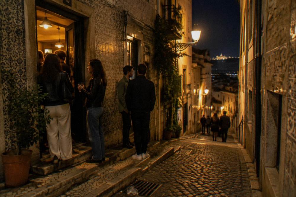 People stand outside a warmly lit bar on a steep cobbled Bairro Alto lane at night, with hills and city lights beyond.