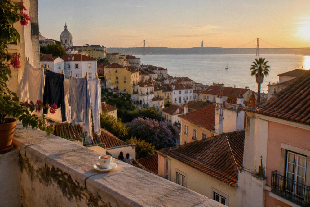 Sunlit Lisbon rooftops and laundry overlook the Tagus at sunset, with a cup on a stone parapet and a bridge in the distance.
