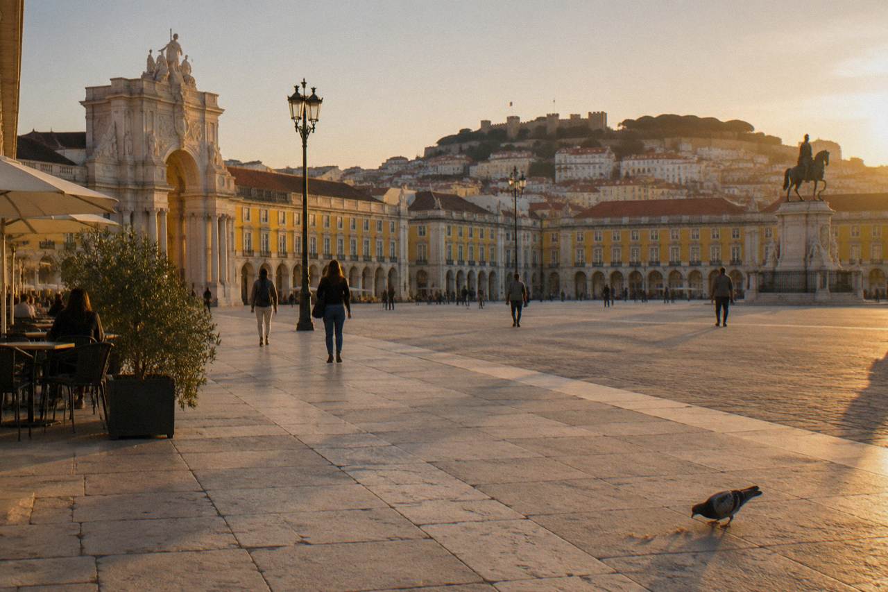A broad Lisbon square with yellow arcades, stone paving, a statue, distant hillside rooftops, and a pigeon in the foreground.