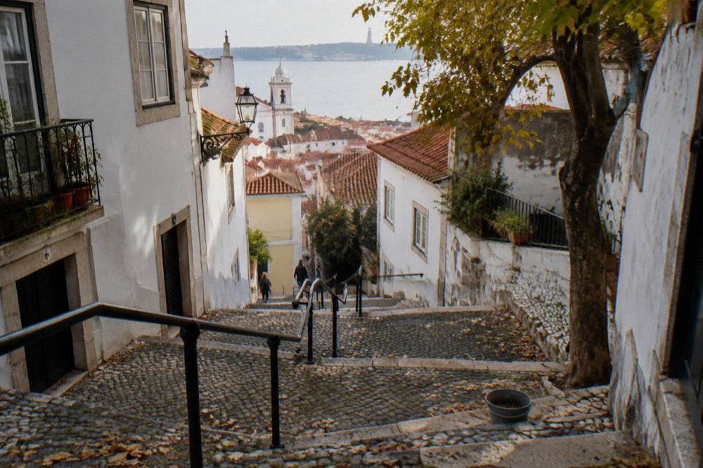Steep cobbled steps drop between white houses toward red roofs and the Tagus, with a tree and railings in the foreground.