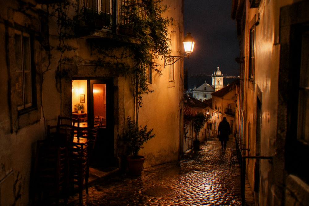 A narrow wet cobbled lane in Alfama with a glowing doorway, an amber streetlamp, and a lone figure walking downhill at night.
