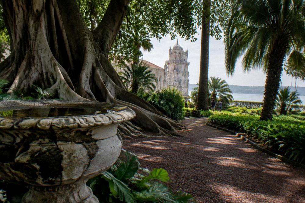 A shaded gravel garden path with giant tree roots, palms, a stone urn, and the Belém Tower near the river.