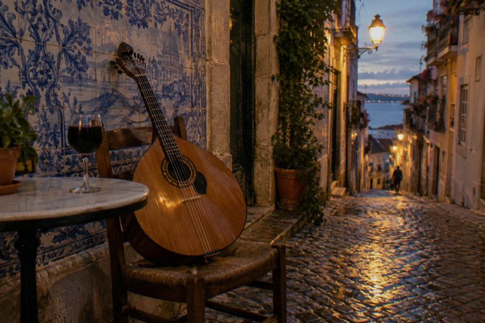 A Portuguese guitar rests on a chair beside a wine glass, blue azulejo tiles, and a steep wet cobbled Lisbon lane at dusk.