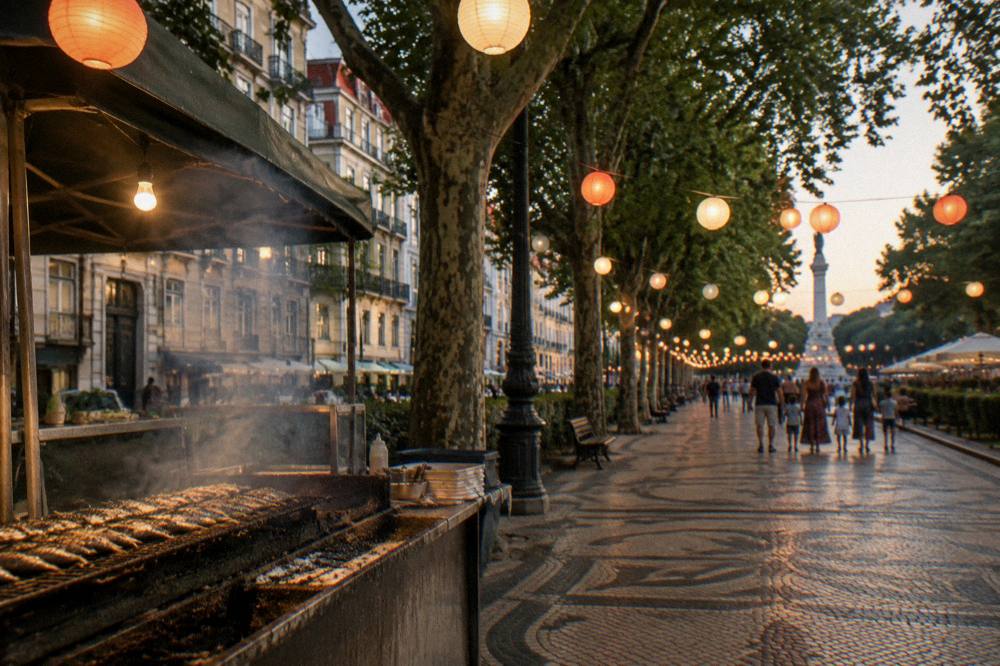 A street food stall grills sardines beside a lantern-lit Lisbon boulevard with plane trees, tiled paving, and distant walkers.