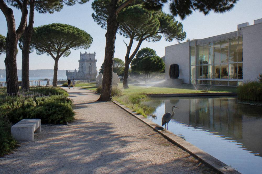 A gravel path runs beside a pond and modern gallery, with stone pines, sprinklers misting, a heron at the water, and Belém tower in the distance.