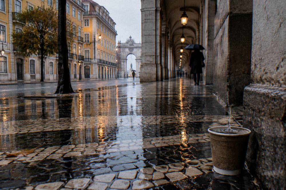 Rainy arcaded Lisbon street with wet cobblestones, reflections, a lone umbrella carrier, and a dripping cup in the foreground.