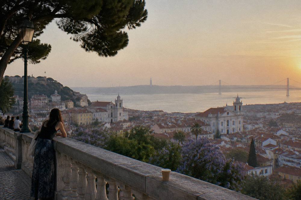 A hillside terrace overlooks Lisbon rooftops, church towers, jacaranda trees, and the Tagus river with a bridge at sunset.