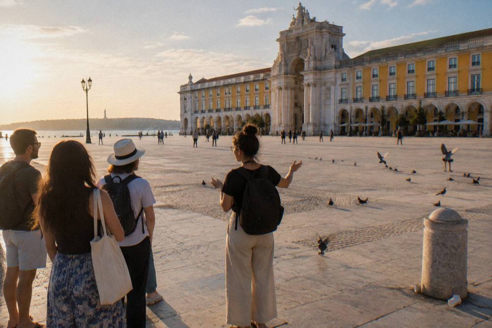A guide gestures to a small group in a sunlit Lisbon riverside square with pigeons, arcades, and a stone bollard.