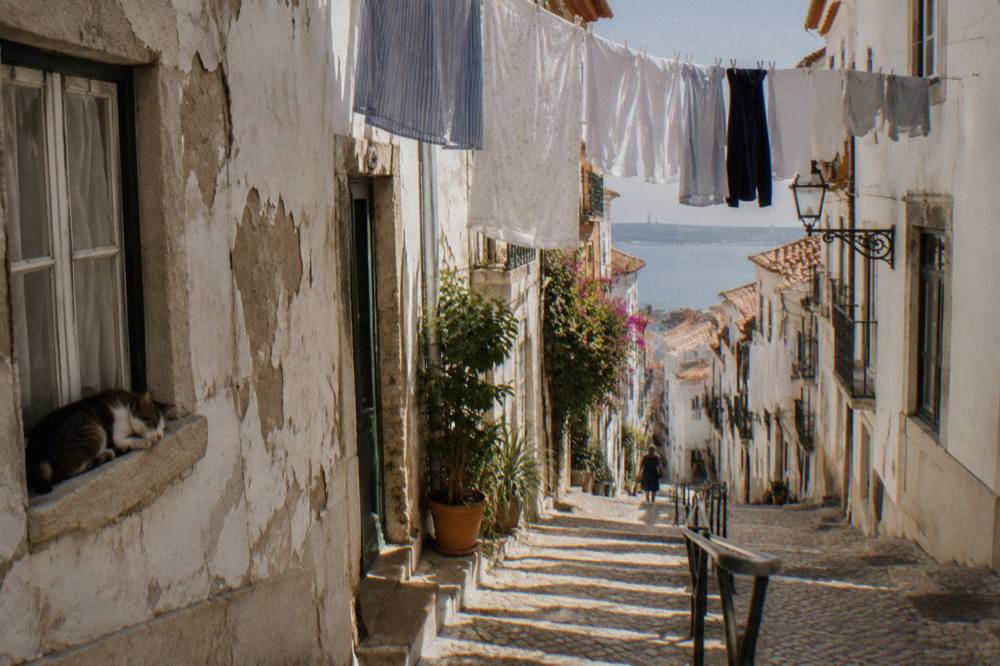 A narrow Lisbon lane with laundry strung overhead, peeling white facades, a sleeping cat on a windowsill, and a distant river view.