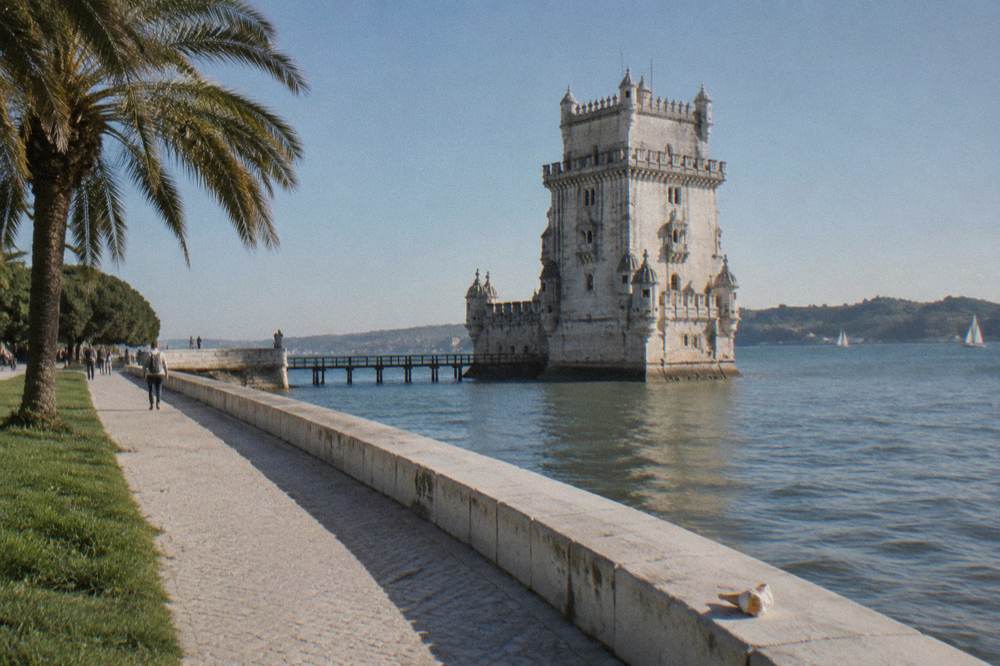 Riverside promenade beside the Tagus with the Torre de Belém in the water, palm trees, and a few distant walkers.