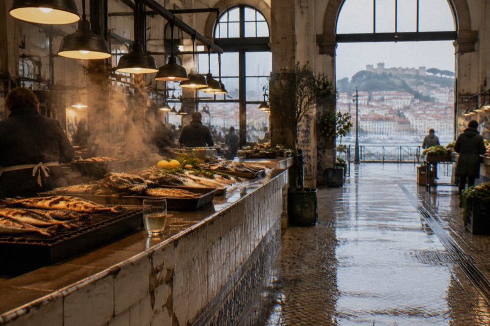 Inside a tiled market hall, grilled fish sits on counters under hanging lamps with a rainy waterfront view beyond the arches.