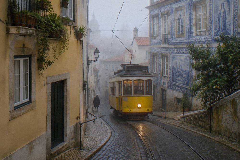 A yellow vintage tram climbs a foggy cobbled Lisbon street between pastel buildings and blue azulejo-tiled facades.
