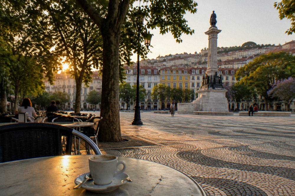 Outdoor café tables under trees in a Lisbon square with a tall statue column and hillside buildings at sunset.