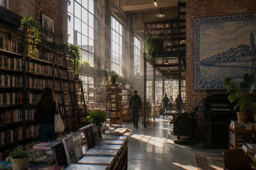 Sunlit industrial bookshop interior with tall shelves, people in the distance, brick walls, and a printing press beneath a tiled mural.
