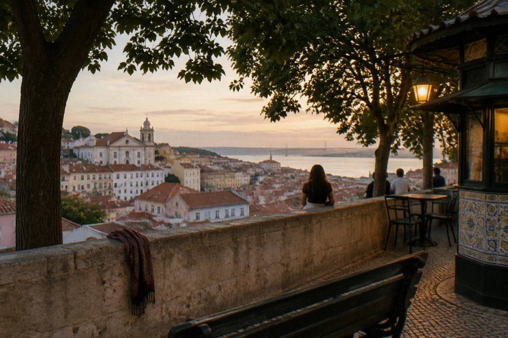 A terrace viewpoint with a stone wall, trees, a lit kiosk, distant people, and Lisbon rooftops overlooking the river at sunset.