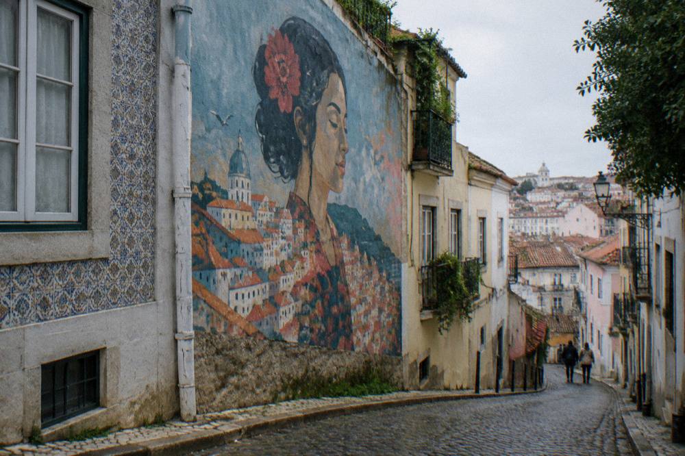 A steep cobbled Lisbon street with tiled buildings and a large mural on a wall, with two people walking downhill.