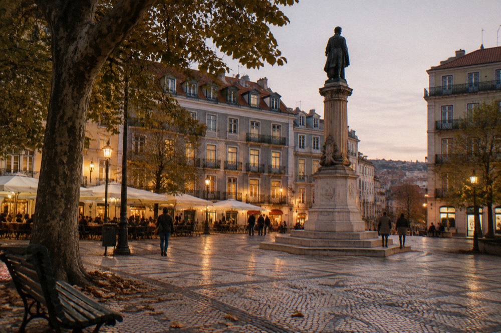 An evening square with a central statue on a pedestal, lit cafe fronts, tall trees, and cobblestone paving.