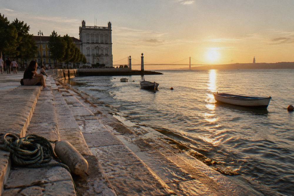 Stone steps descend to calm water with small moored boats, a coiled rope in the foreground, and the 25 de Abril Bridge at sunset.