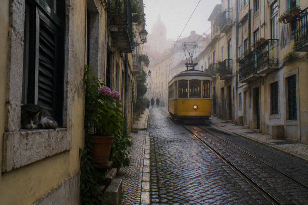 A yellow vintage tram climbs a narrow cobbled Lisbon street between old apartment buildings, with a cat resting in a window.