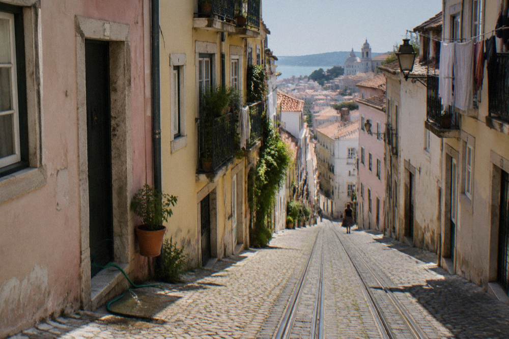 Steep cobbled Lisbon street with tram tracks, pastel buildings, laundry on balconies, and a distant church above the rooftops.