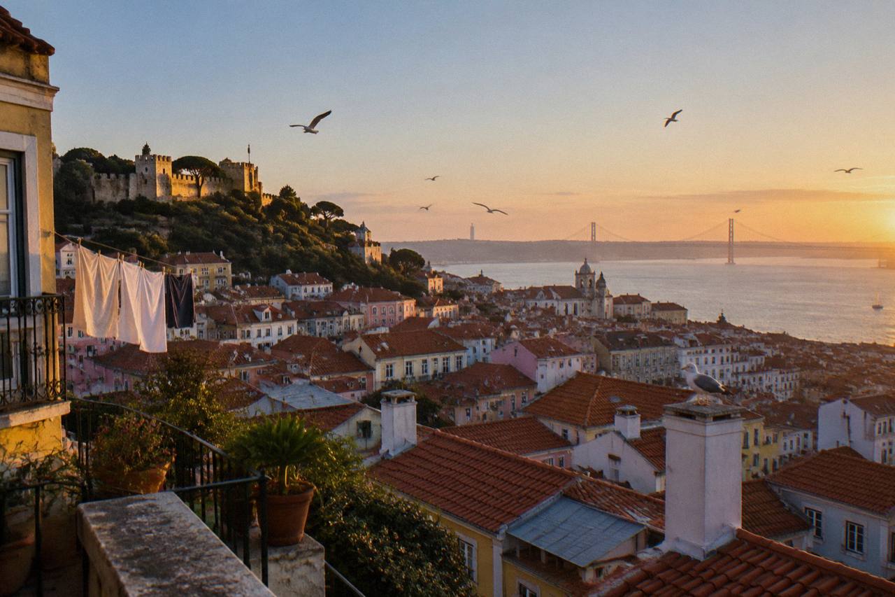 From a high terrace above Lisbon, Portugal, dawn light floods terracotta rooftops tumbling to the Tagus, São Jorge Castle ramparts catching first sun, gulls scattering over chimneys and a stray laundry line still out from the night.